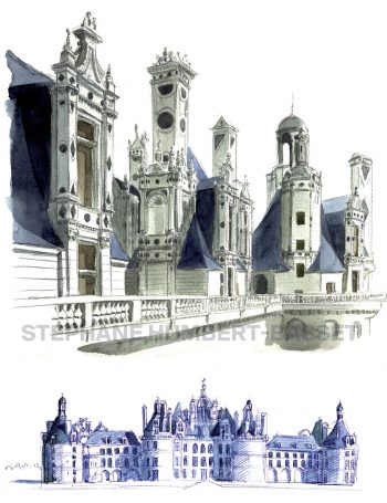 Château de Chambord, toiture et vue d'ensemble. Aquarelle.